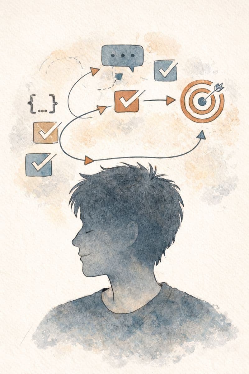 Person with eyes closed and a calm smile; icons above show a structured flow from checkmarks and steps to a target — symbolizing clarity and reaching the goal